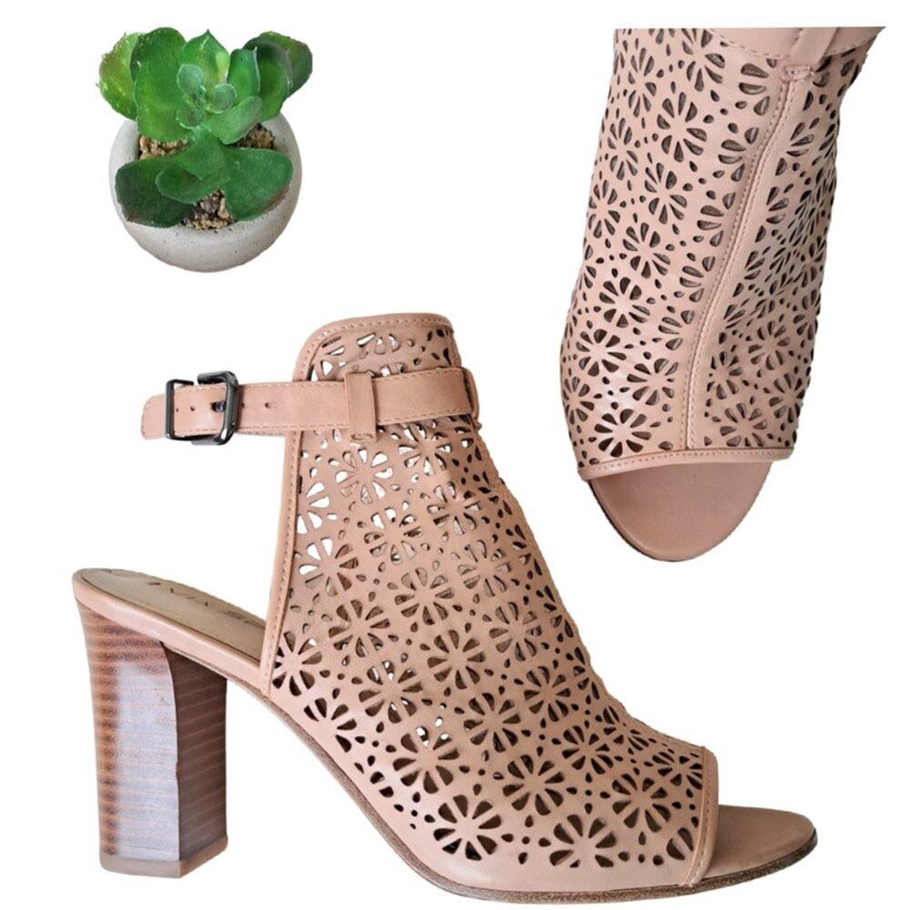 Via Spiga Fleura Sandal Laser Cut Leather Stacked Block Heel Peep Toe Blush 8
